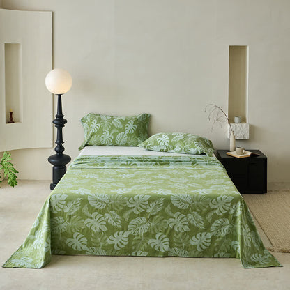 Couvre-lit jacquard en gaze de coton vert à motif monstera - Vert - 2 taies d'oreiller - 102 cm x 51 cm - image 5