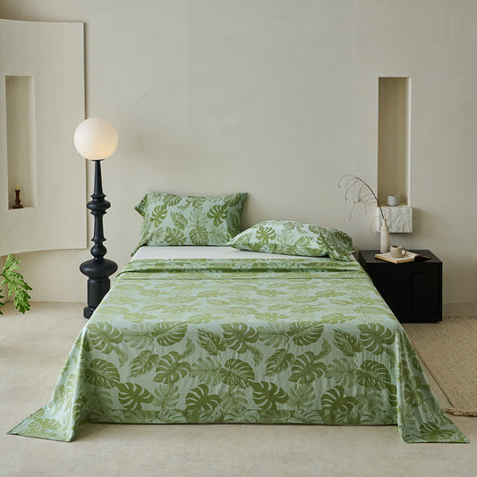Couvre-lit jacquard en gaze de coton vert à motif monstera - Vert clair - 2 taies d'oreiller - 102 cm x 51 cm - image 1