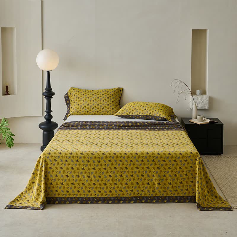 Couvre-lit inspiré de la nature en coton naturel avec motif Ginkgo Biloba - Jaune - 2 taies d'oreiller - 102 cm x 51 cm - image 10