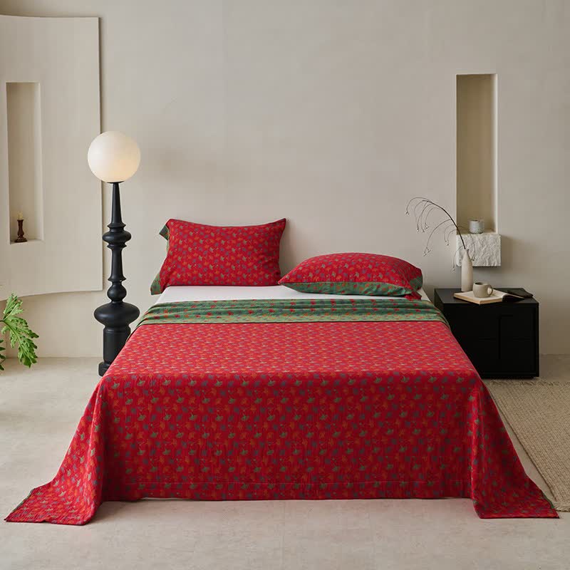Couvre-lit inspiré de la nature en coton naturel avec motif Ginkgo Biloba - Rouge - 2 taies d'oreiller - 102 cm x 51 cm - image 0
