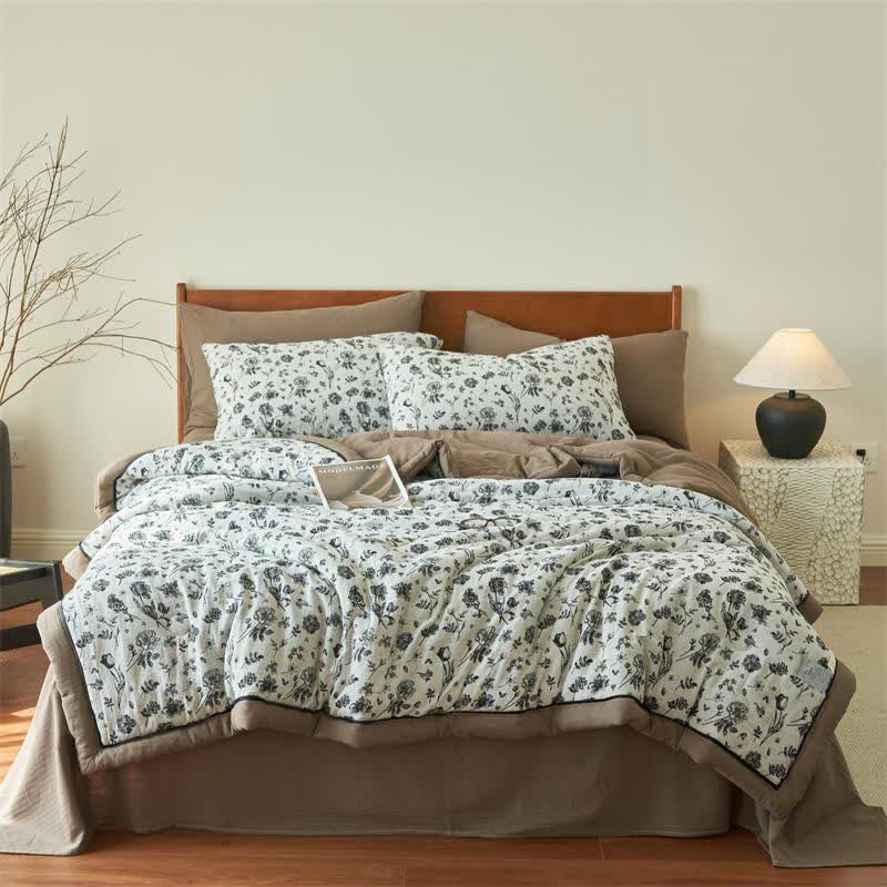Couette noire en gaze de coton naturel à motif floral - 220cm x 240cm - image 1