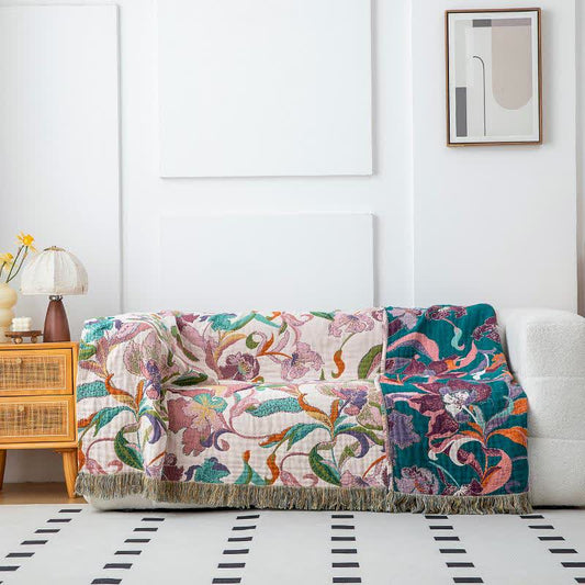 Couverture en gaze de coton avec vignes florales et pompons - 230 cm x 250 cm - image 1