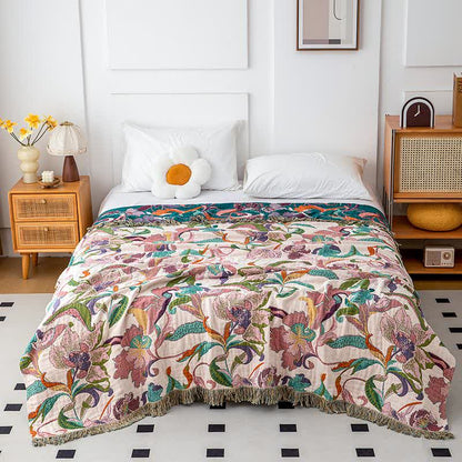 Couette en gaze de coton avec vignes florales et pompons - 230 cm x 250 cm - image 1