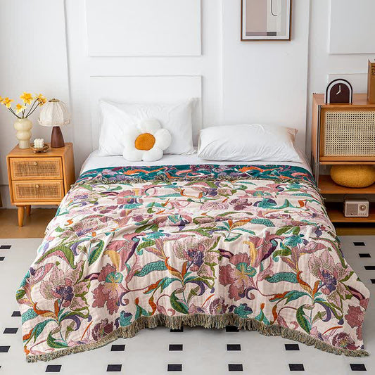 Couette en gaze de coton avec vignes florales et pompons - 230 cm x 250 cm - image 1