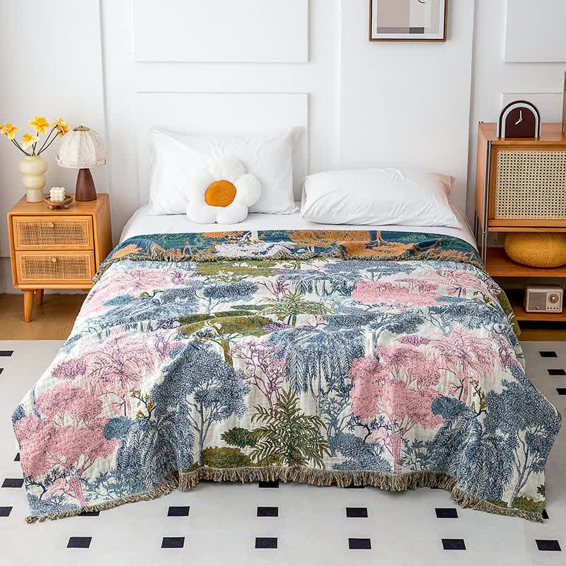Couette en gaze de coton avec pompons au motif forêt - 230 cm x 250 cm - image 1