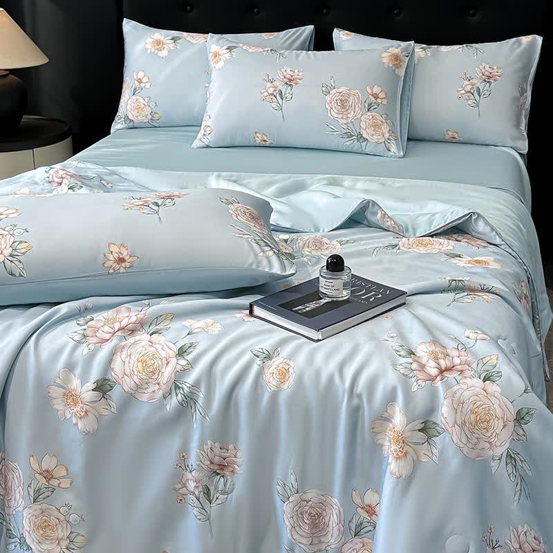 Couette naturelle soyeuse à imprimé camélia bleu - image 3
