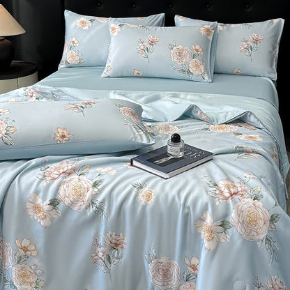 Couette naturelle soyeuse à imprimé camélia bleu - image 3