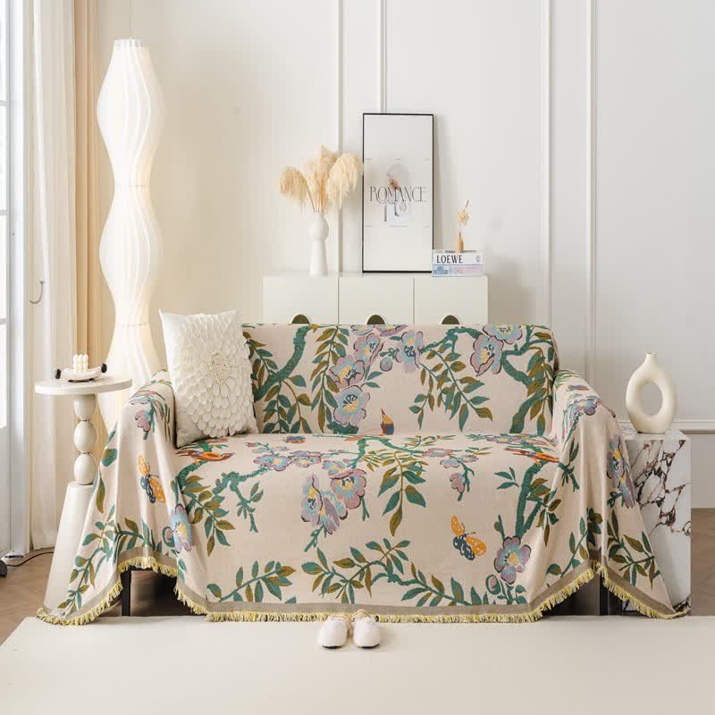 Housse de canapé en chenille à motif de feuilles et de fleurs vertes - 180cm x 340cm - image 1