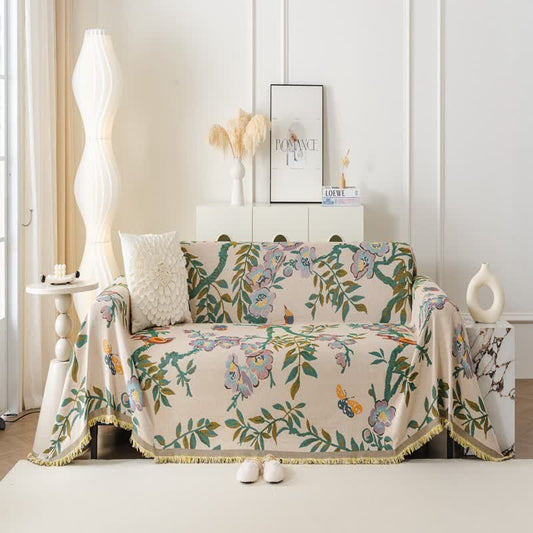 Housse de canapé en chenille à motif de feuilles et de fleurs vertes - 180cm x 340cm - image 1