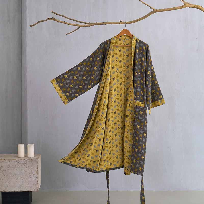 Peignoir kimono bicolore en gaze de coton ginkgo - Gris et jaune - 2XL - image 4