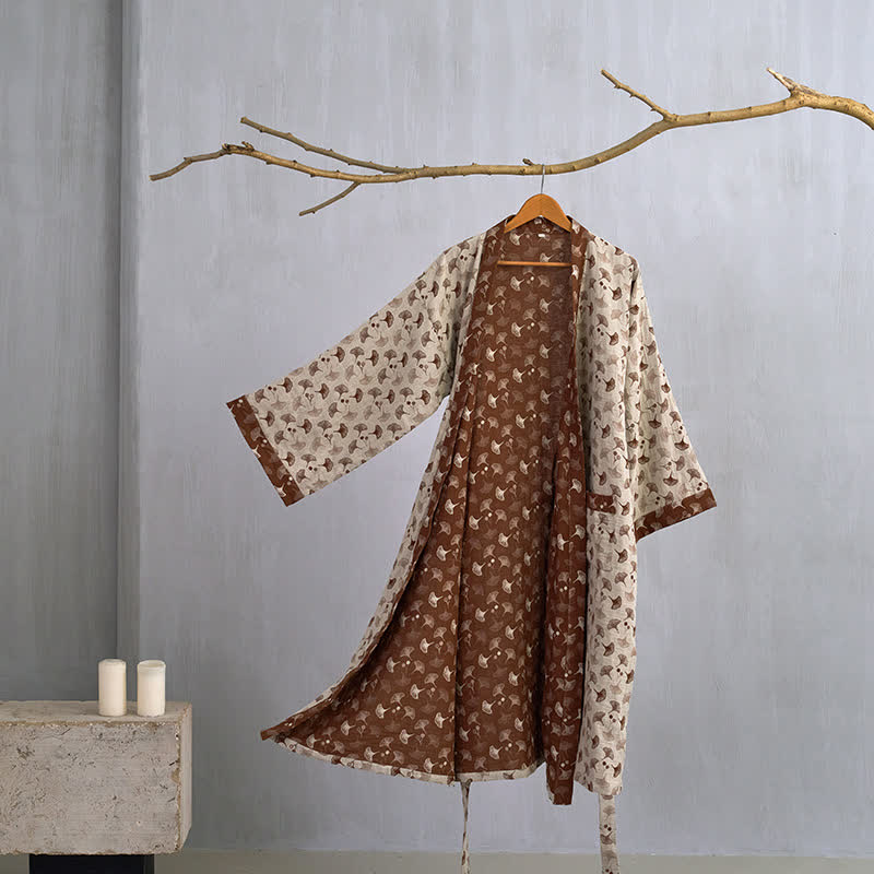 Peignoir kimono bicolore en gaze de coton ginkgo - Beige et café - XL - image 11
