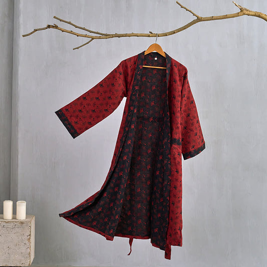 Peignoir kimono bicolore en gaze de coton ginkgo - Rouge et noir - 2XL - image 0