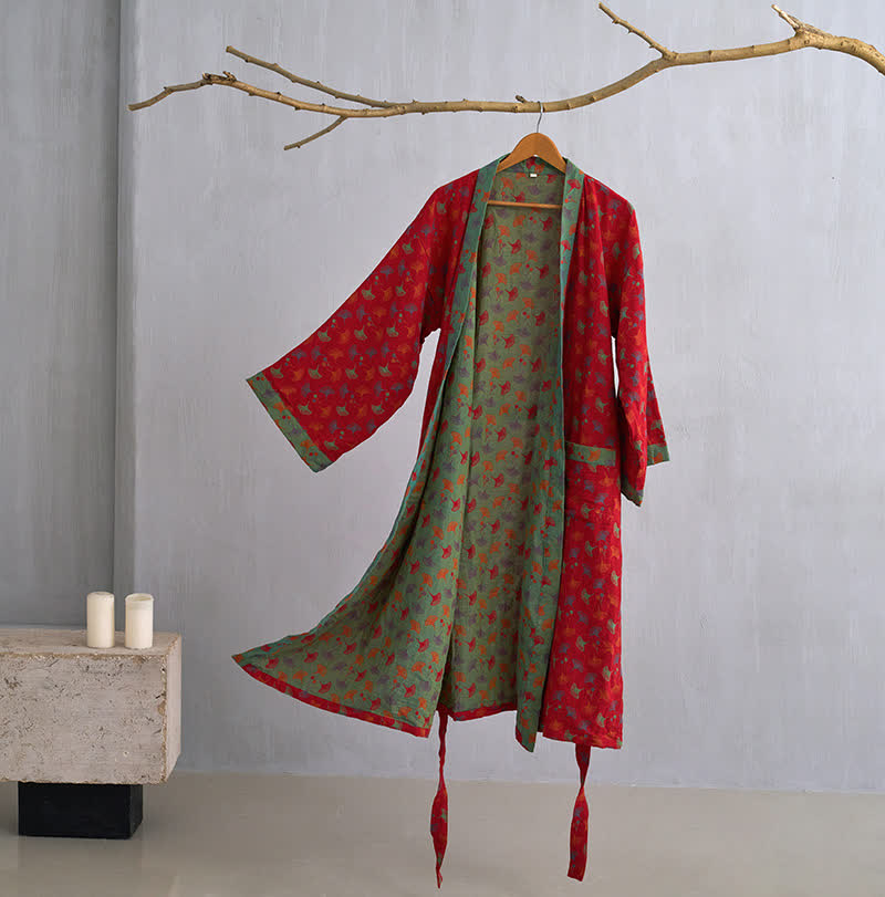 Peignoir kimono bicolore en gaze de coton ginkgo - Rouge et vert - 2XL - image 6