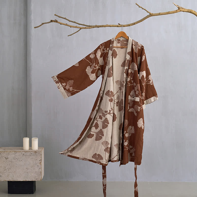 Grand peignoir kimono en coton avec feuilles de ginkgo - Café et beige - XL - image 2