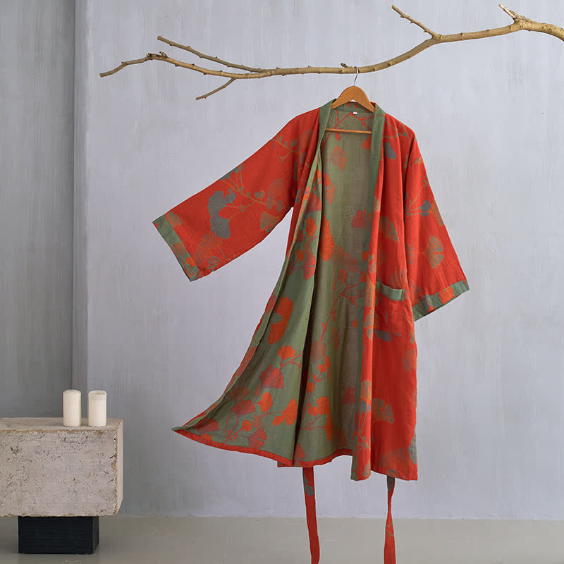 Grand peignoir kimono en coton avec feuilles de ginkgo - Orange et vert - XL - image 0