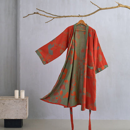 Grand peignoir kimono en coton avec feuilles de ginkgo - Orange et vert - XL - image 0