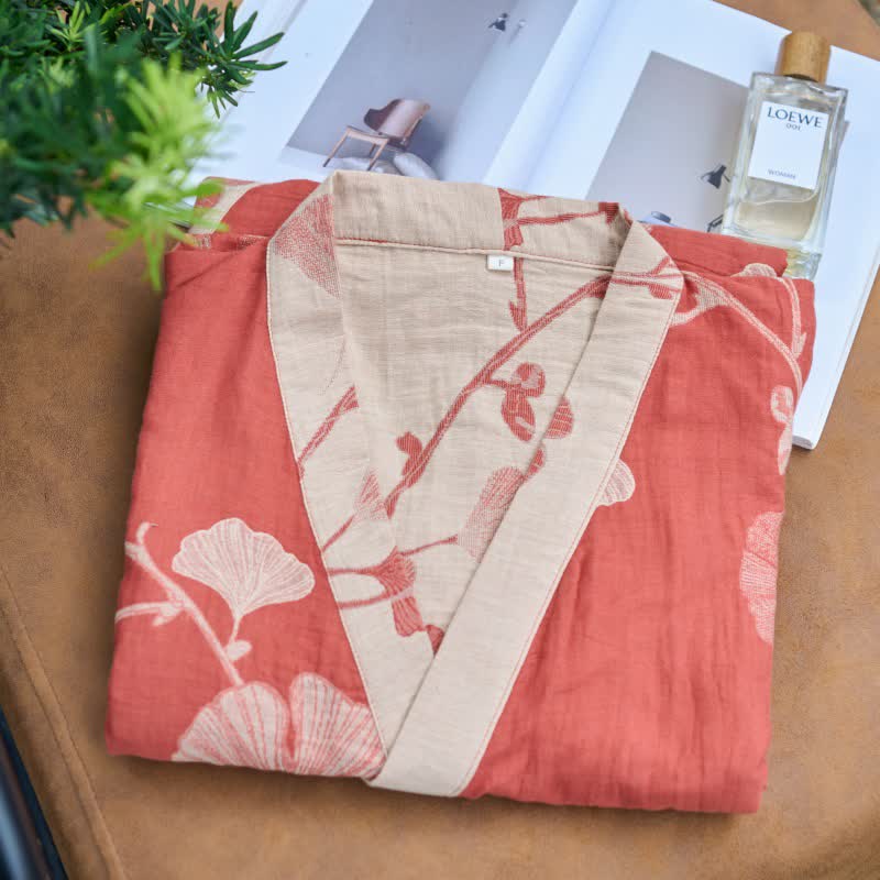 Grand kimono en coton à motifs de feuilles de ginkgo - image 5