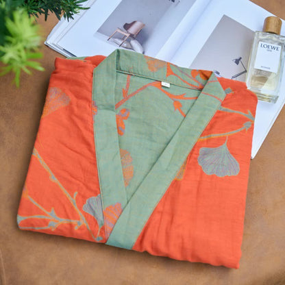 Grand peignoir kimono en coton avec feuilles de ginkgo - image 1