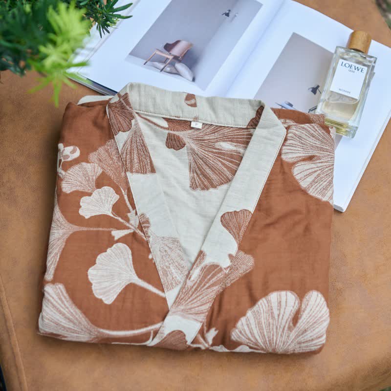 Grand peignoir kimono en coton avec feuilles de ginkgo - image 3