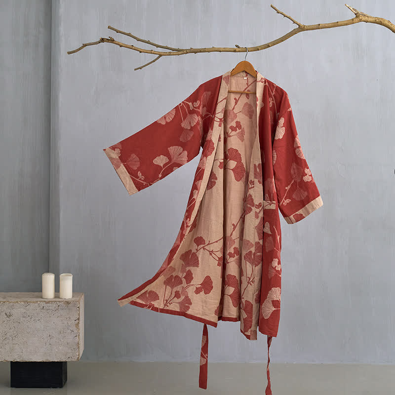 Grand peignoir kimono en coton avec feuilles de ginkgo - Rouge et Nude - XL - image 4