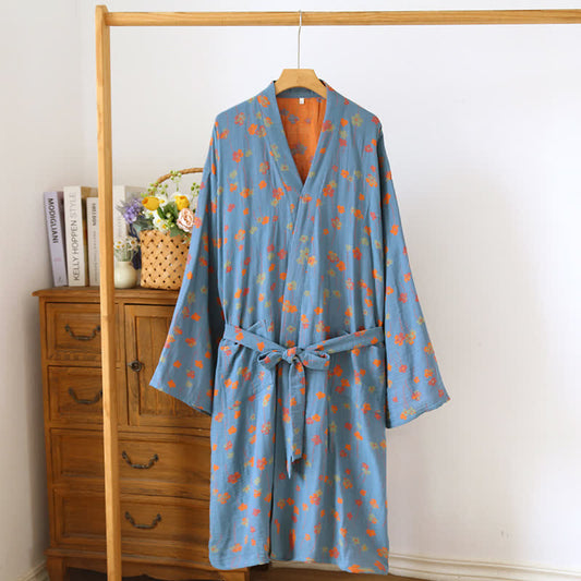 Robe kimono florale tranquille en coton japonais - Bleu et orange - L - image 1