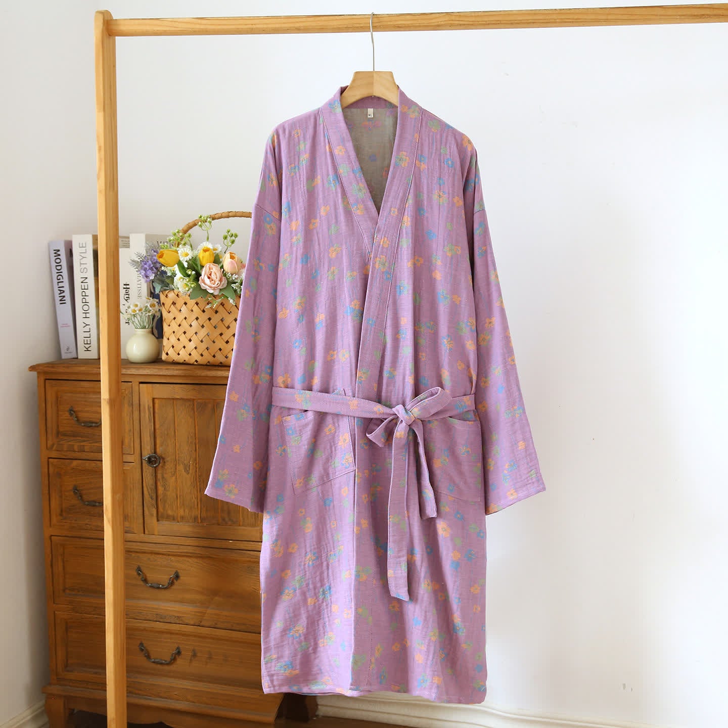 Robe kimono florale tranquille en coton japonais - Violet clair et vert - L - image 2