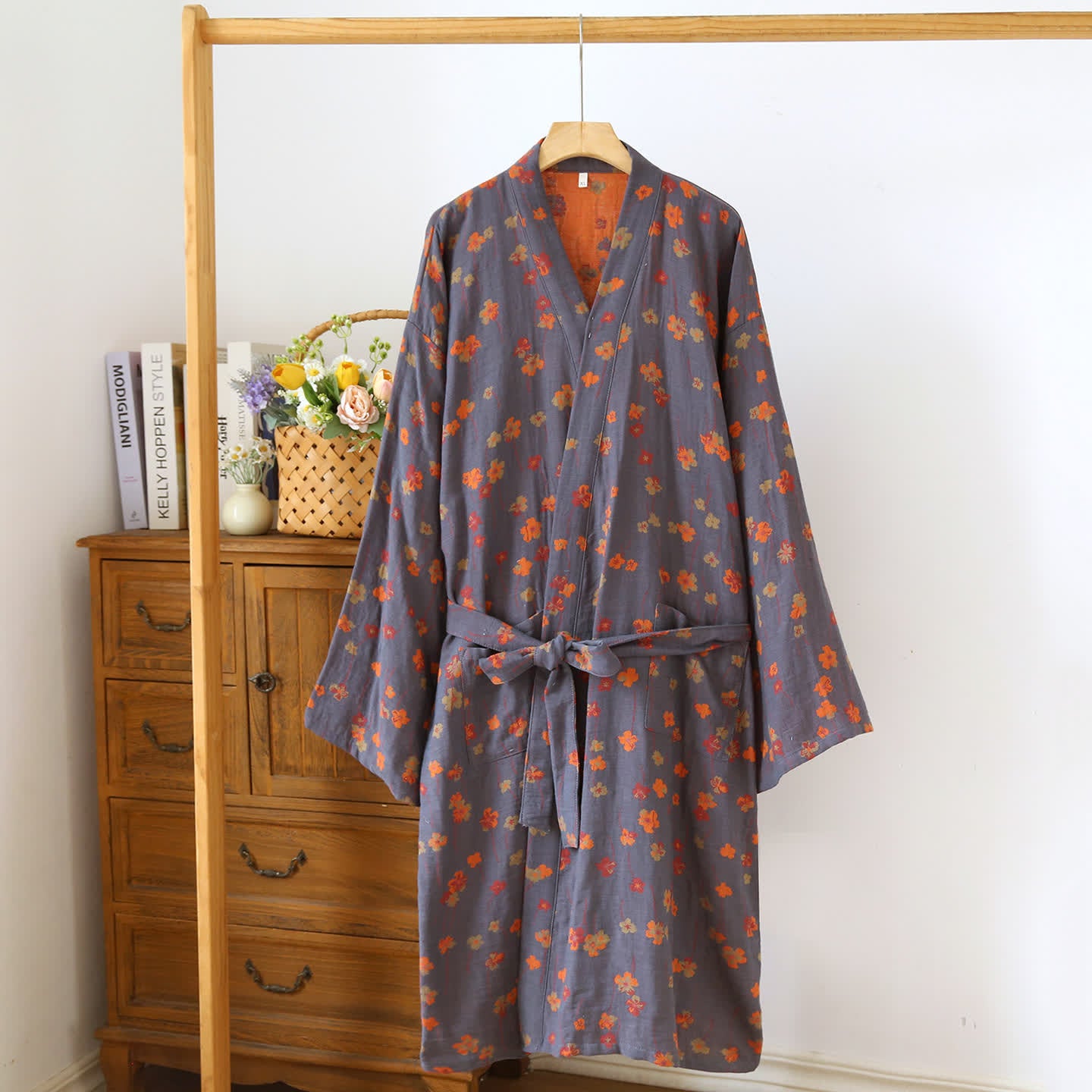 Robe kimono florale tranquille en coton japonais - Gris foncé et orange - L - image 3