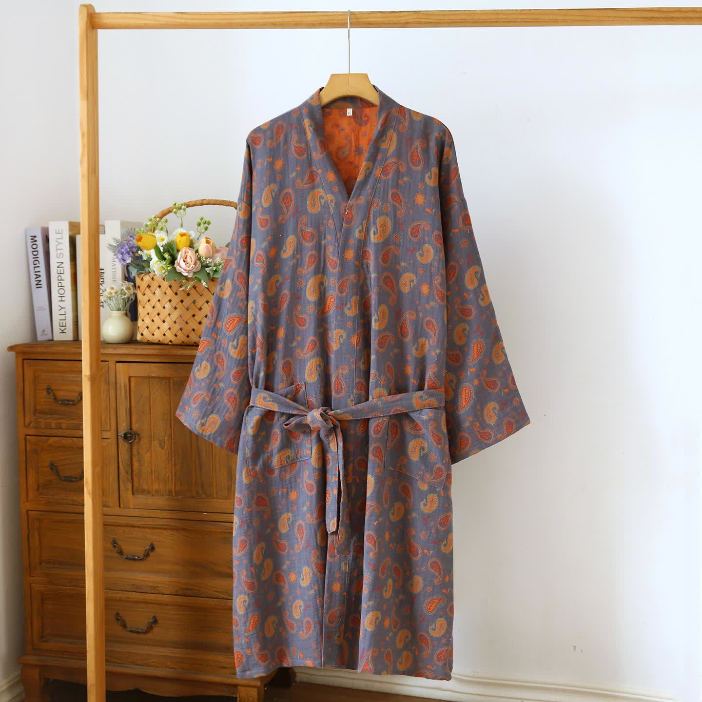 Peignoir kimono japonais en gaze de coton à motif cachemire - Gris foncé et orange - L - image 9