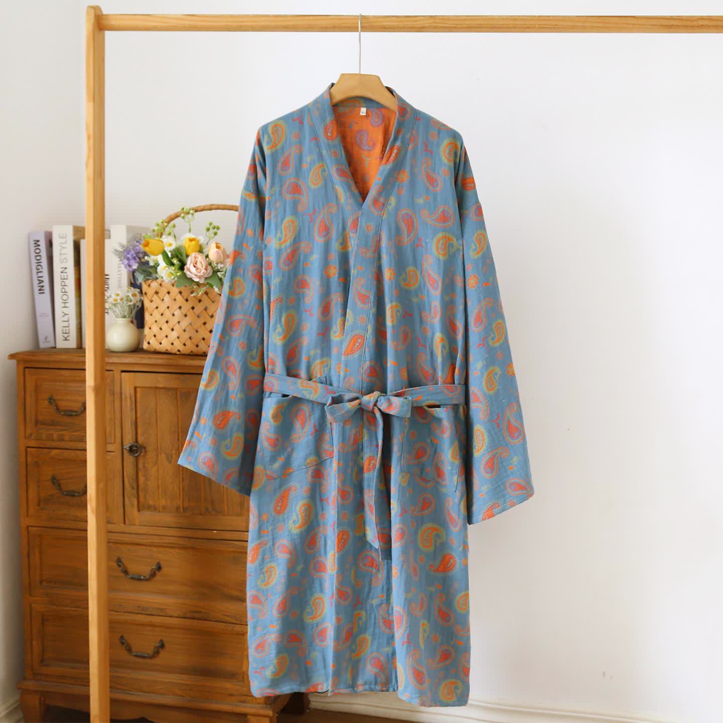 Peignoir kimono japonais en gaze de coton à motif cachemire - Bleu et orange - L - image 1