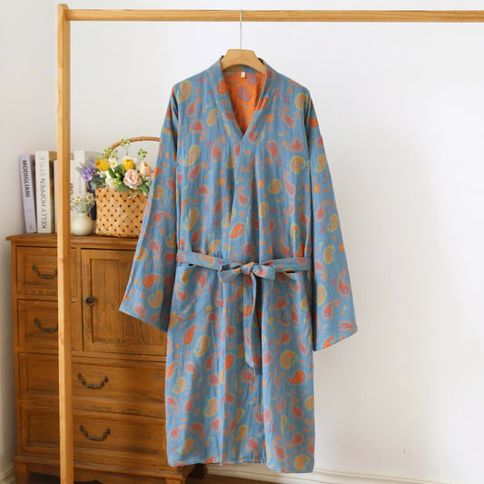 Peignoir kimono japonais en gaze de coton à motif cachemire - Bleu et orange - L - image 1