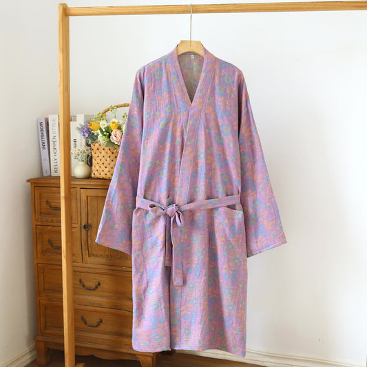 Peignoir kimono japonais en coton vert jonquille - Violet clair et vert - L - image 1
