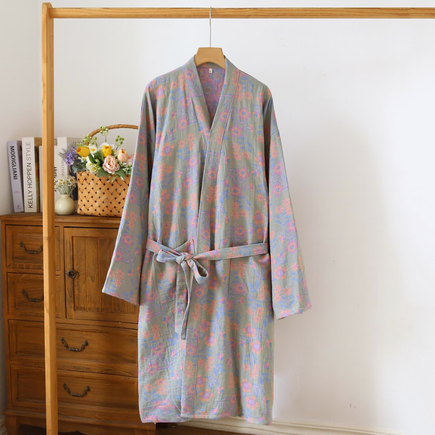 Peignoir kimono japonais en coton vert jonquille - Vert clair - L - image 2