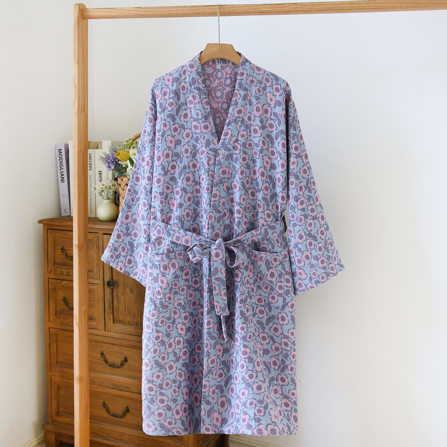 Peignoir kimono japonais en coton Bégonia - Bleu - L - image 4