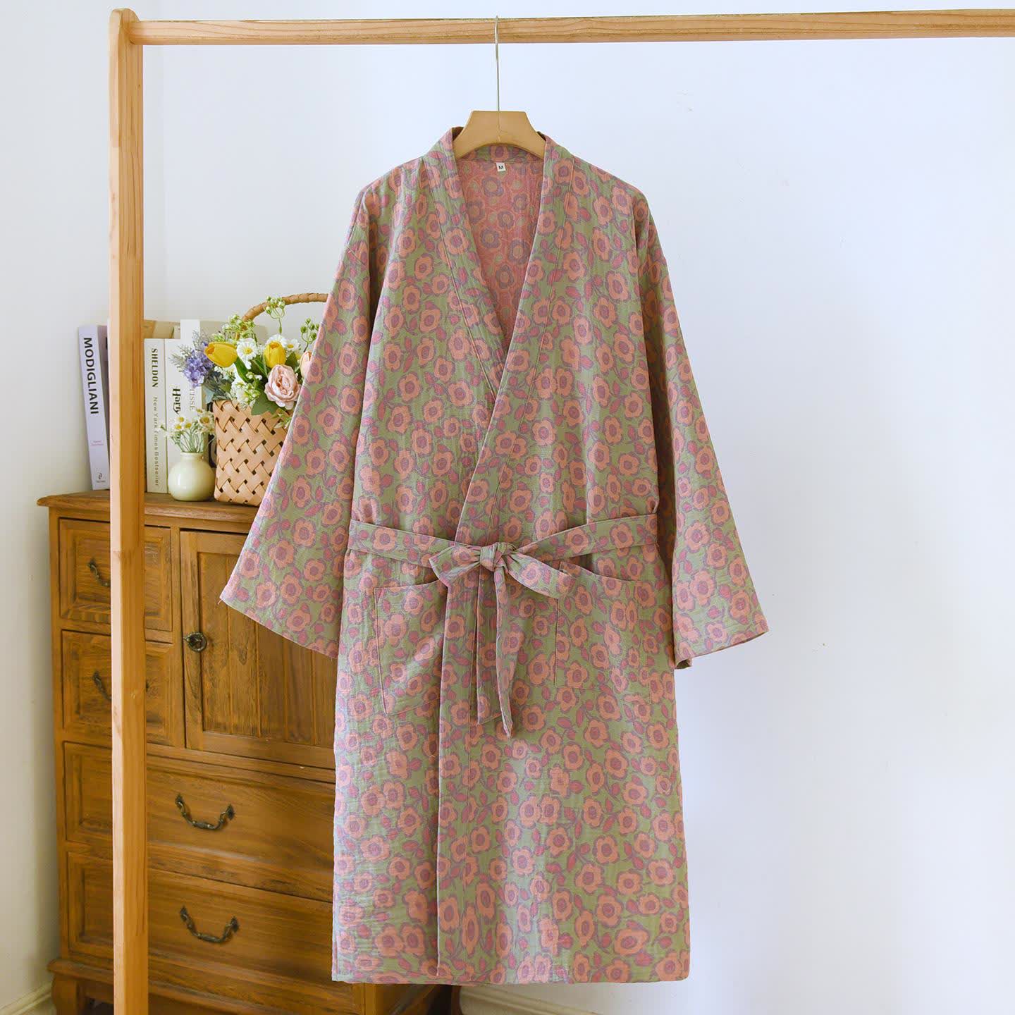 Peignoir kimono japonais en coton Bégonia - Vert - L - image 13