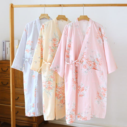 Peignoir kimono japonais en coton à motif fleur de pêcher - image 1