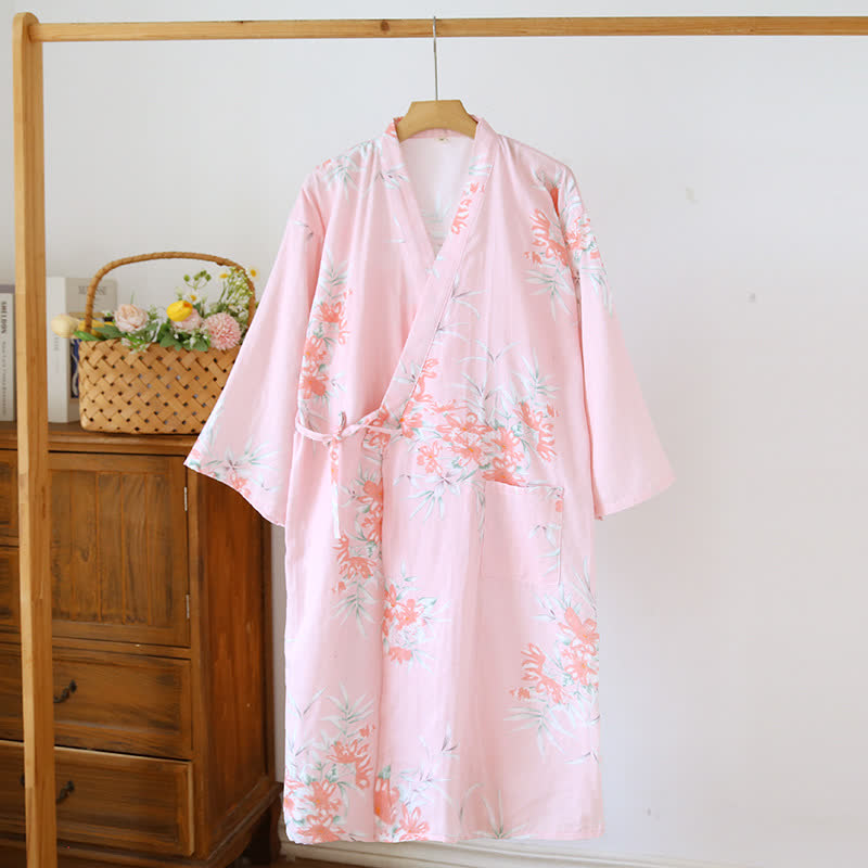 Peignoir kimono japonais en coton à motif fleur de pêcher - Rose - L - image 6