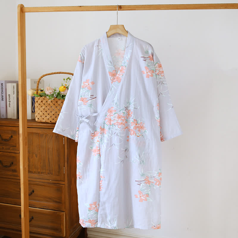 Peignoir kimono japonais en coton à motif fleur de pêcher - Violet clair - L - image 5