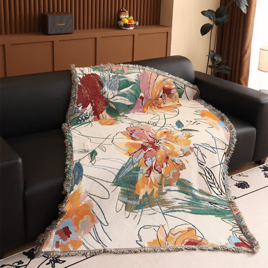 Couverture artistique en gaze de coton avec motif pivoine - 130cm x 180cm - image 1