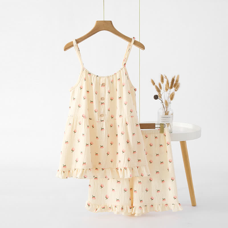 Pyjama à volants en gaze de coton à fleurs de kapok - Beige - XL - image 3