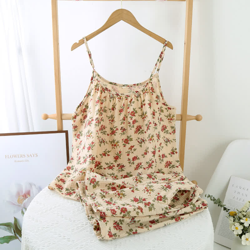 Pyjama camisole en gaze de coton rouge à motif floral - XL - image 1