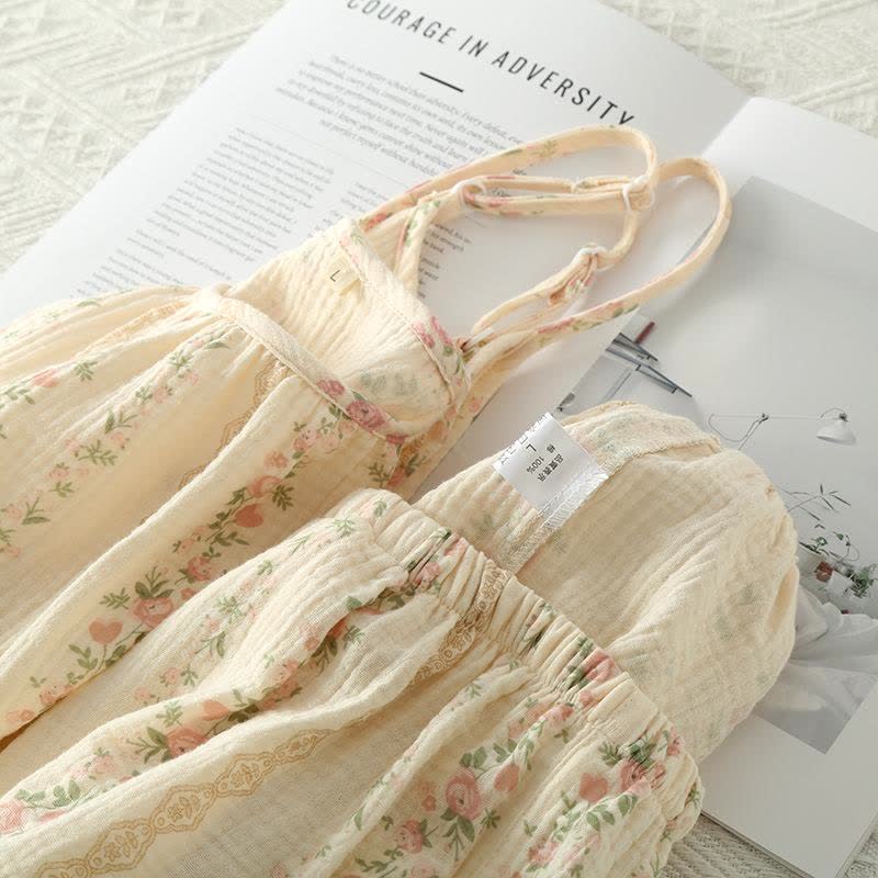 Pyjama camisole en gaze de coton à imprimé floral et rayé - image 2
