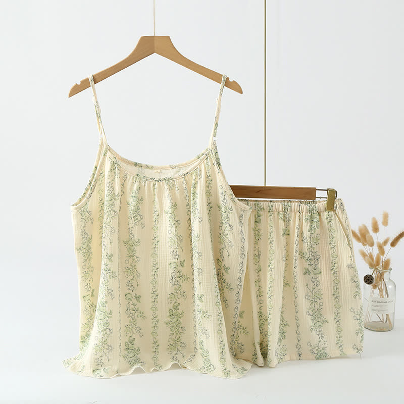 Pyjama camisole en coton vert à imprimé floral et rayé - XL - image 1