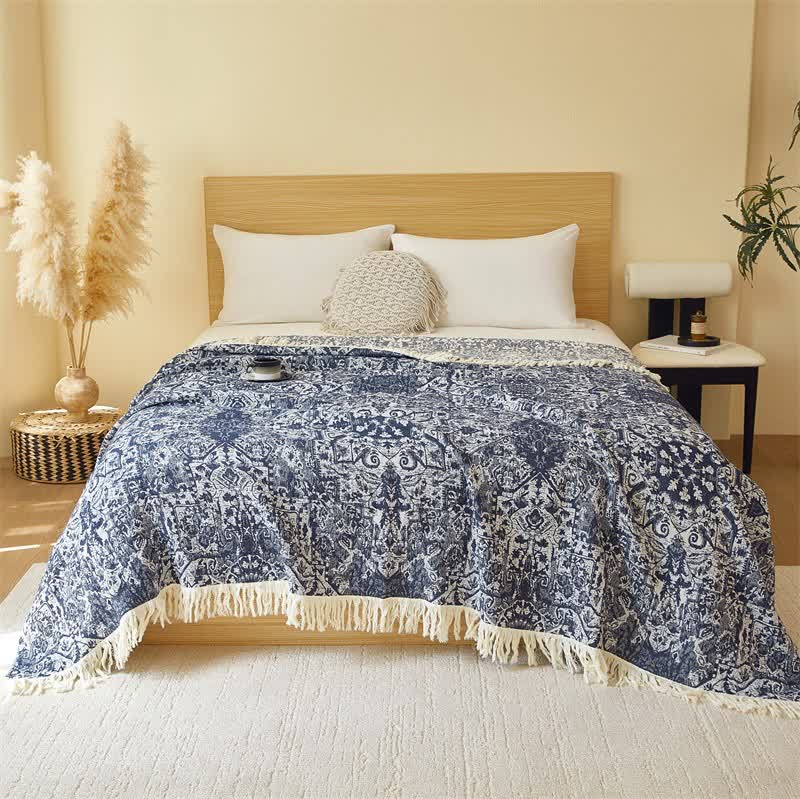 Couette à pompons en gaze de coton tribale rétro - bleu foncé - 200cm x 230cm - image 4