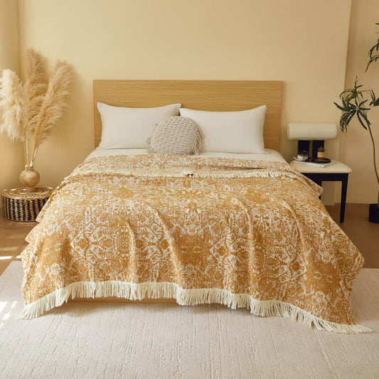 Couette à pompons en gaze de coton tribale rétro - Or - 200cm x 230cm - image 1