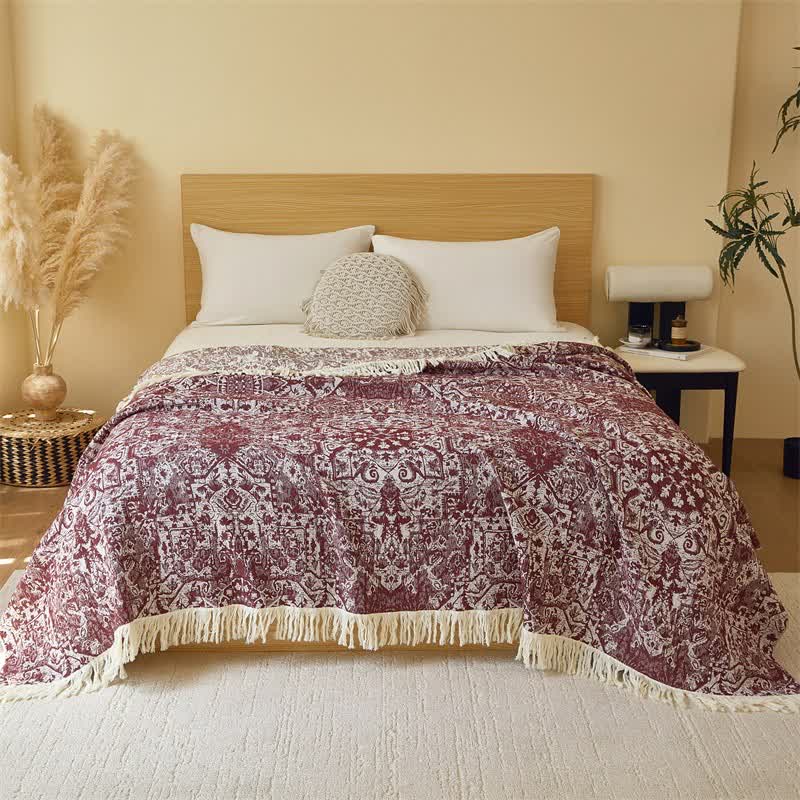 Couette à pompons en gaze de coton tribale rétro - rouge foncé - 200cm x 230cm - image 3
