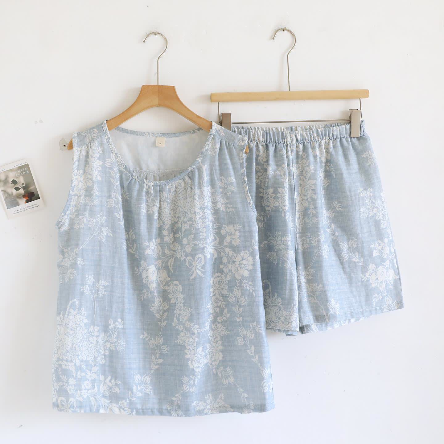 Ensemble pyjama débardeur en coton avec nœud rose - Bleu - XL - image 3