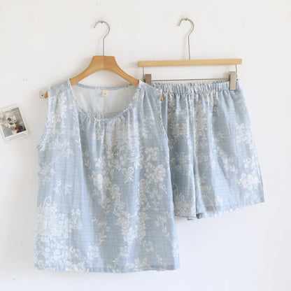 Ensemble pyjama débardeur en coton avec nœud rose - Bleu - XL - image 3