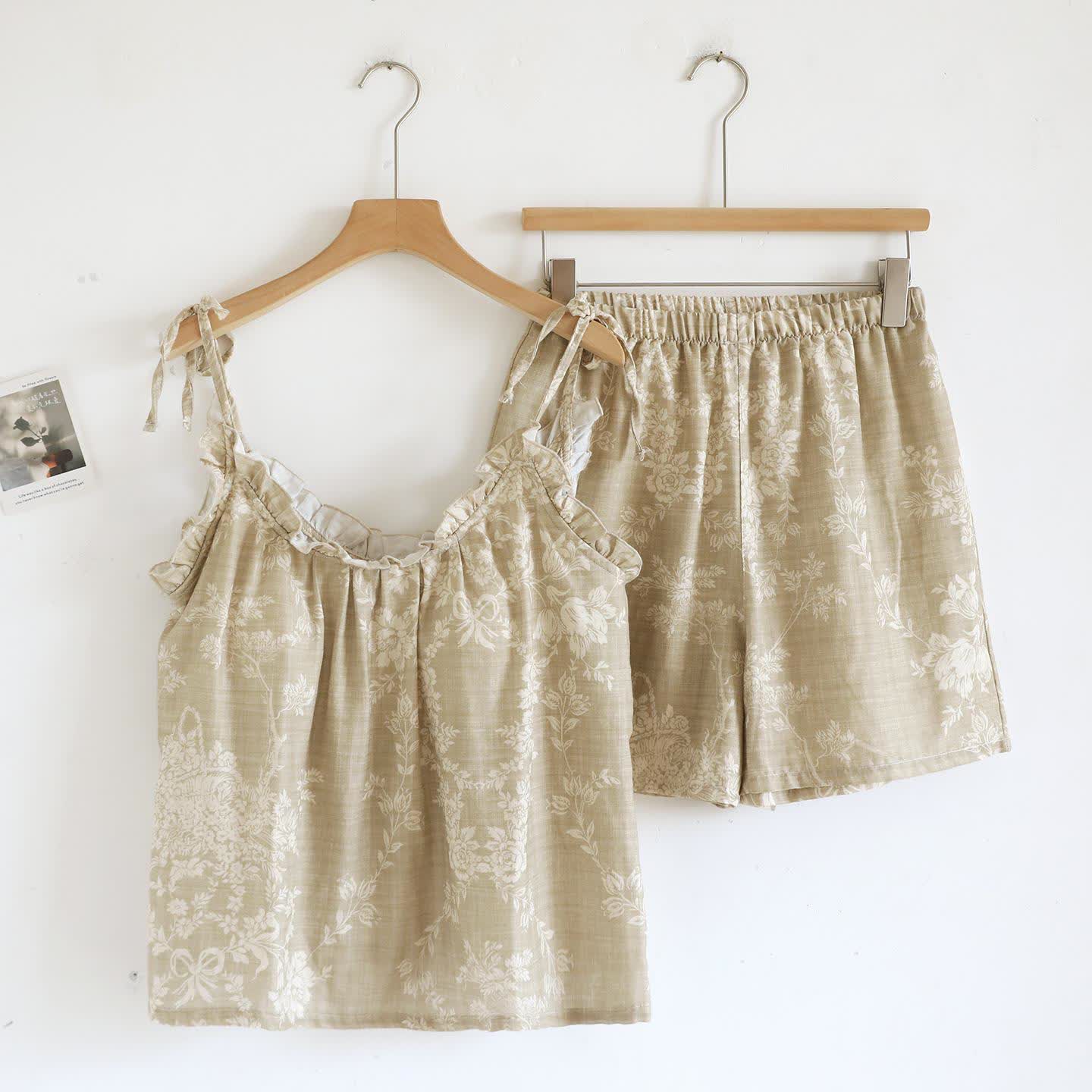 Pyjama camisole en coton rembourré avec nœud rose - Kaki - Camisole et short - XL - image 19