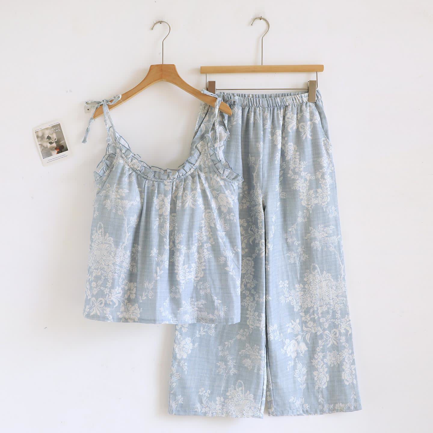 Pyjama camisole en coton rembourré avec nœud rose - Bleu - Camisole et pantalon - XL - image 5