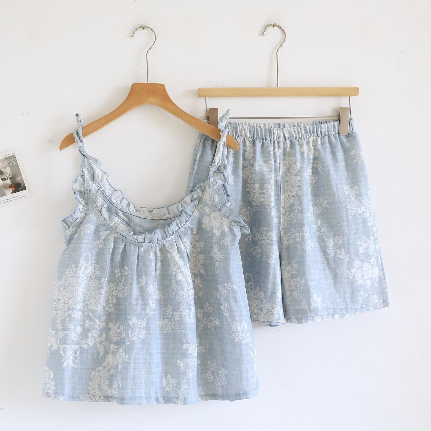 Pyjama camisole en coton rembourré avec nœud rose - Bleu - Camisole et short - XL - image 3